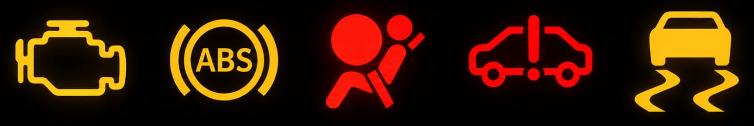 Automotive warning symbols for engine management, ABS, airbags, vehicle alerts and traction control