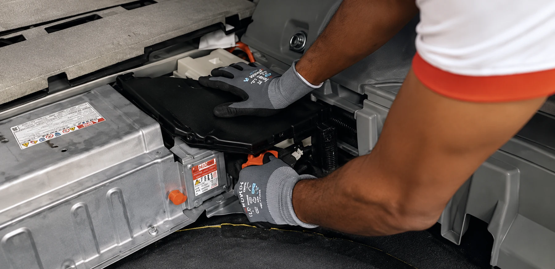 Gloved technician working on hybrid battery electronics